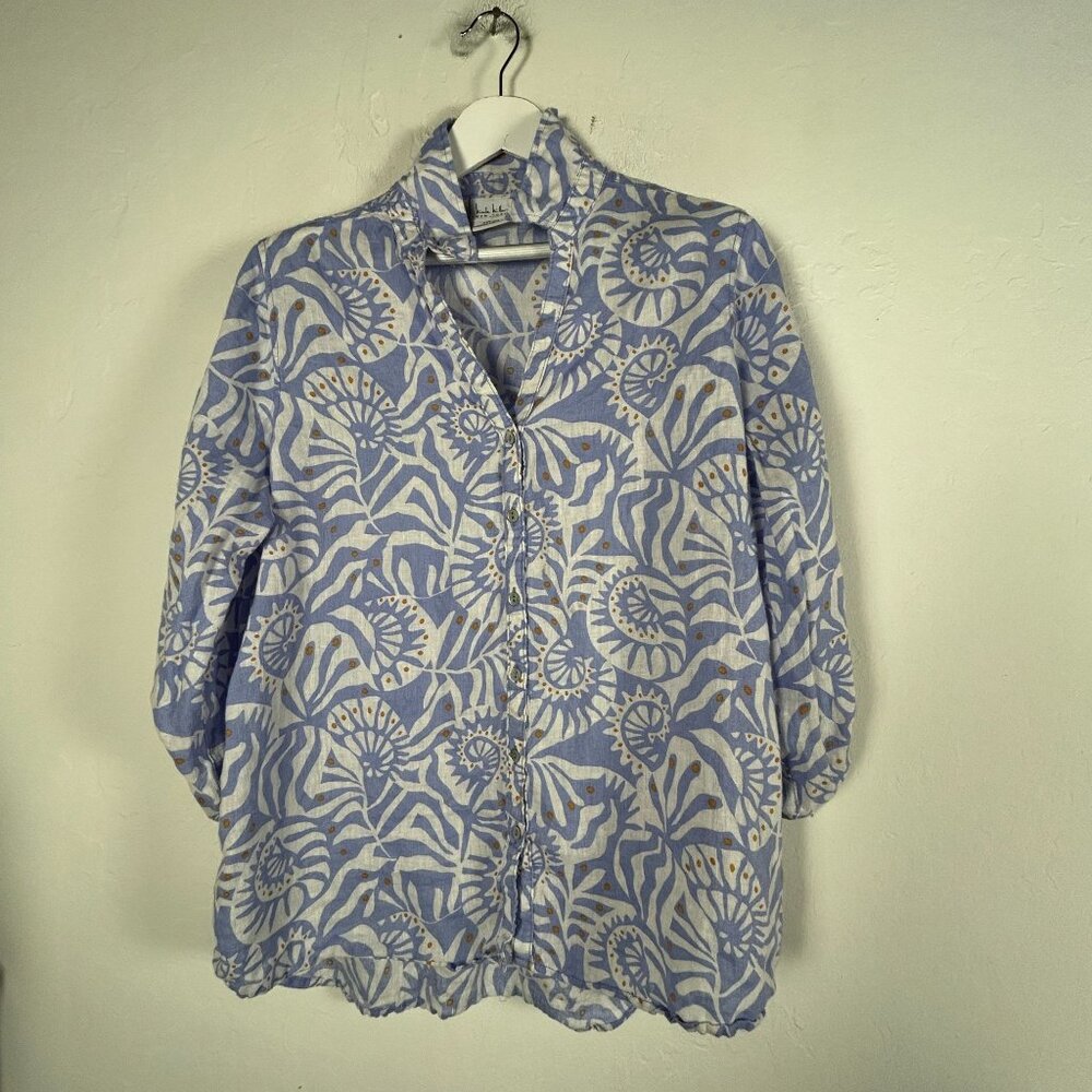 Nicole Miller Womens Linen Button Down Shirt XL Roll-Tab Sleeve Blue Leaf Print